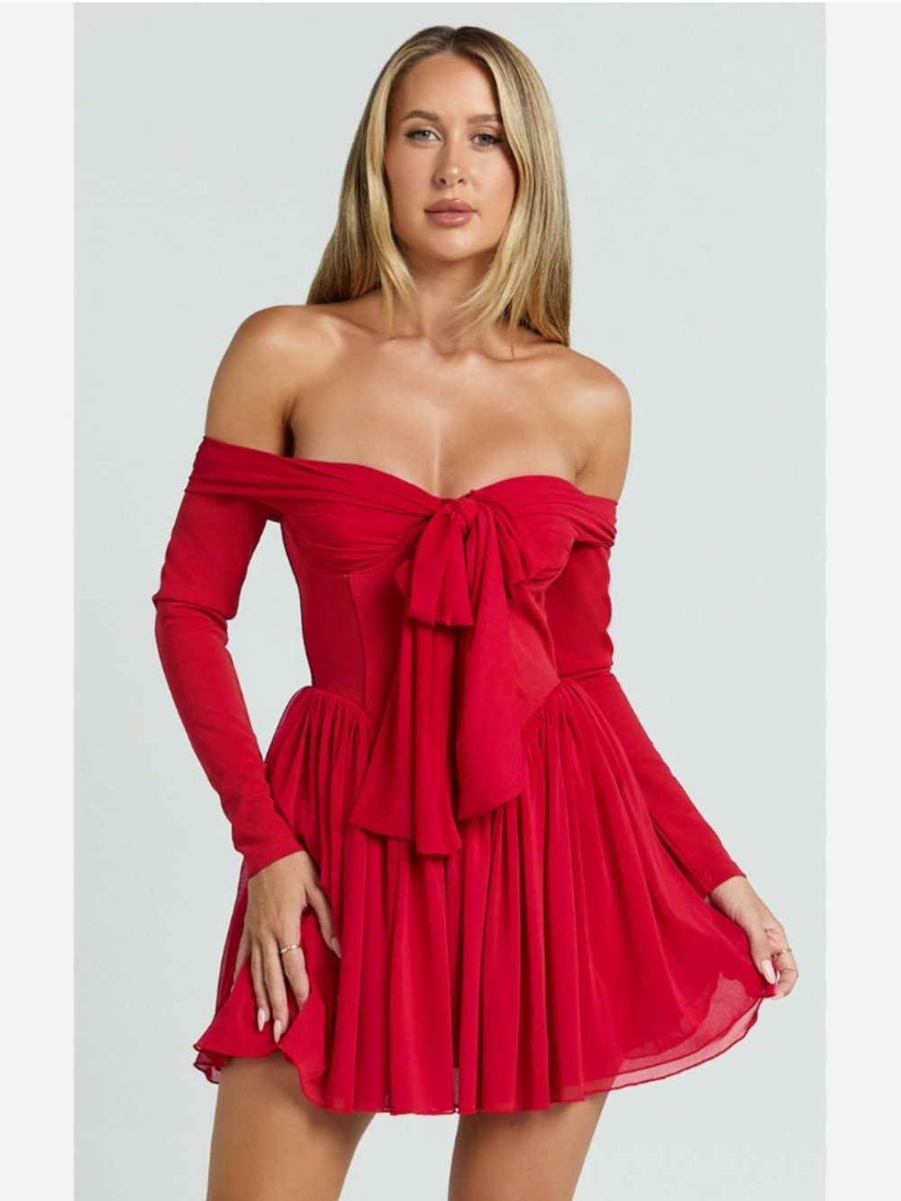 NWT Showpo Bennett Mini Dress Off Shoulder Long Sleeve V Waist Dress In Red Sz 6